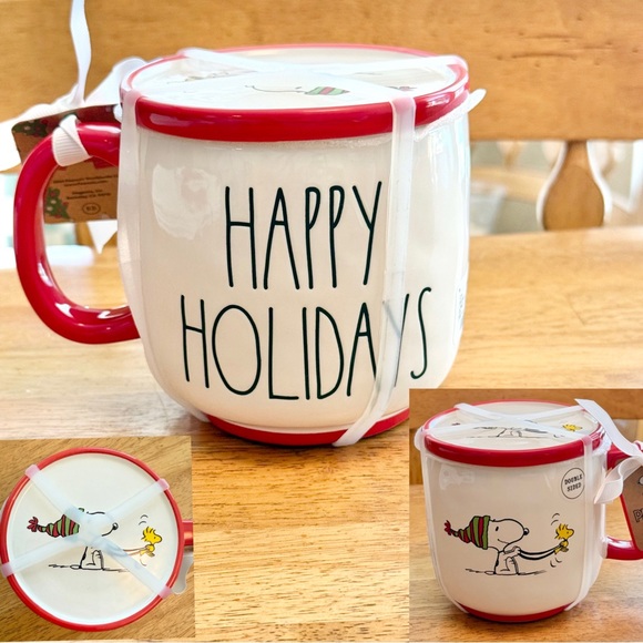 Rae Dunn Peanuts HAPPY HOLIDAYS Snoopy Double Sided Ceramic Mug w/ Coaster NEW! - Picture 1 of 5